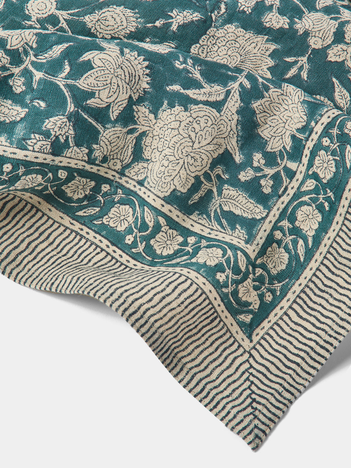 Chamois - Indian Rose Block-Printed Linen Rectangular Tablecloth - Blue - ABASK