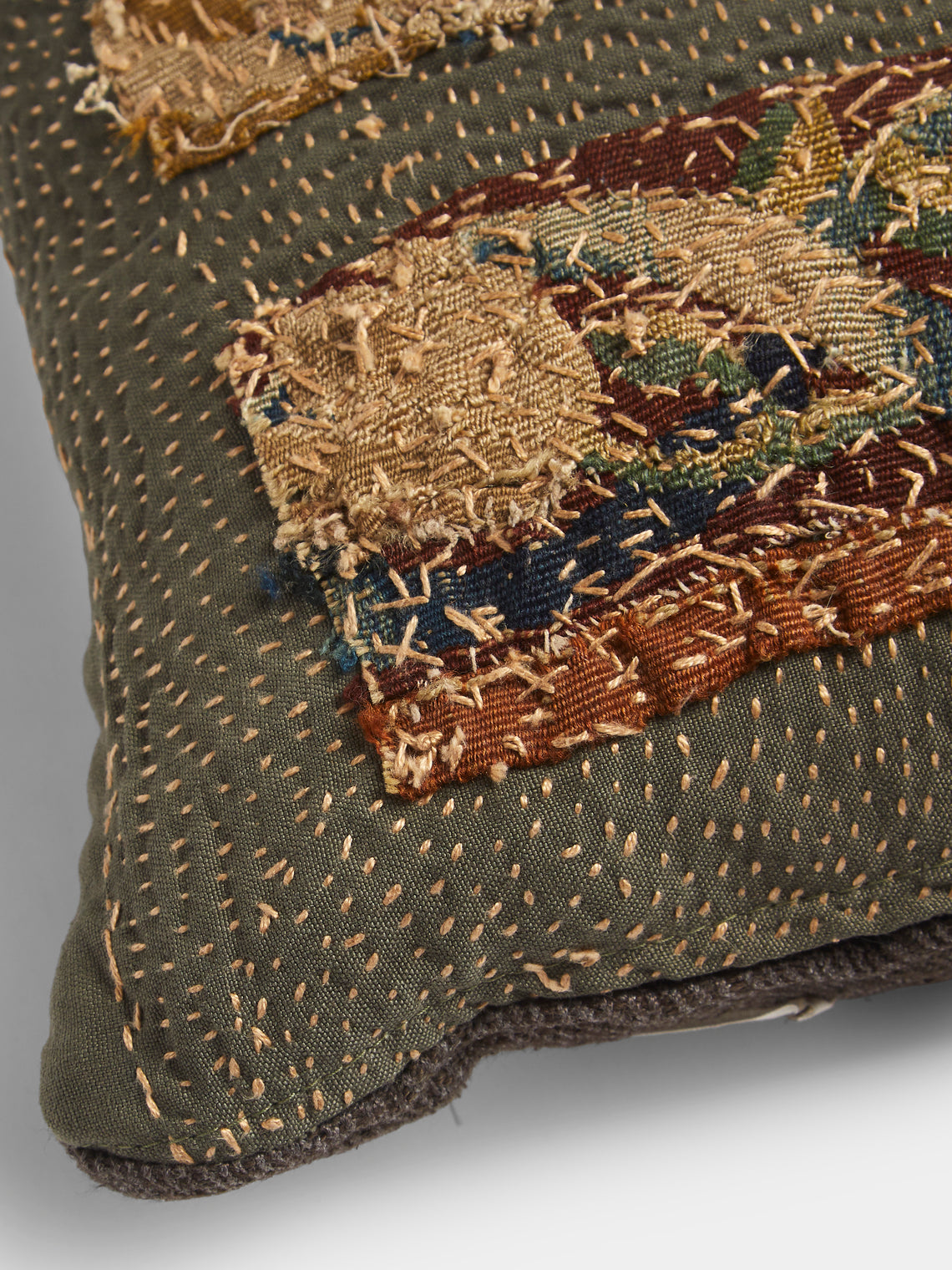 By Walid - 19th-Century French Napoleon III Aubusson Tapestry and Hemp Cushion (21.5in/55cm) - Blue - ABASK