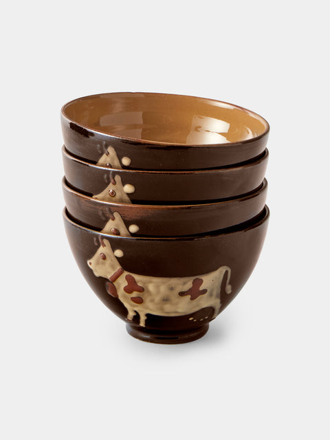 Poterie d’Évires - Cows Hand-Painted Ceramic Small Bowls (Set of 4) - Dark Brown - ABASK - 