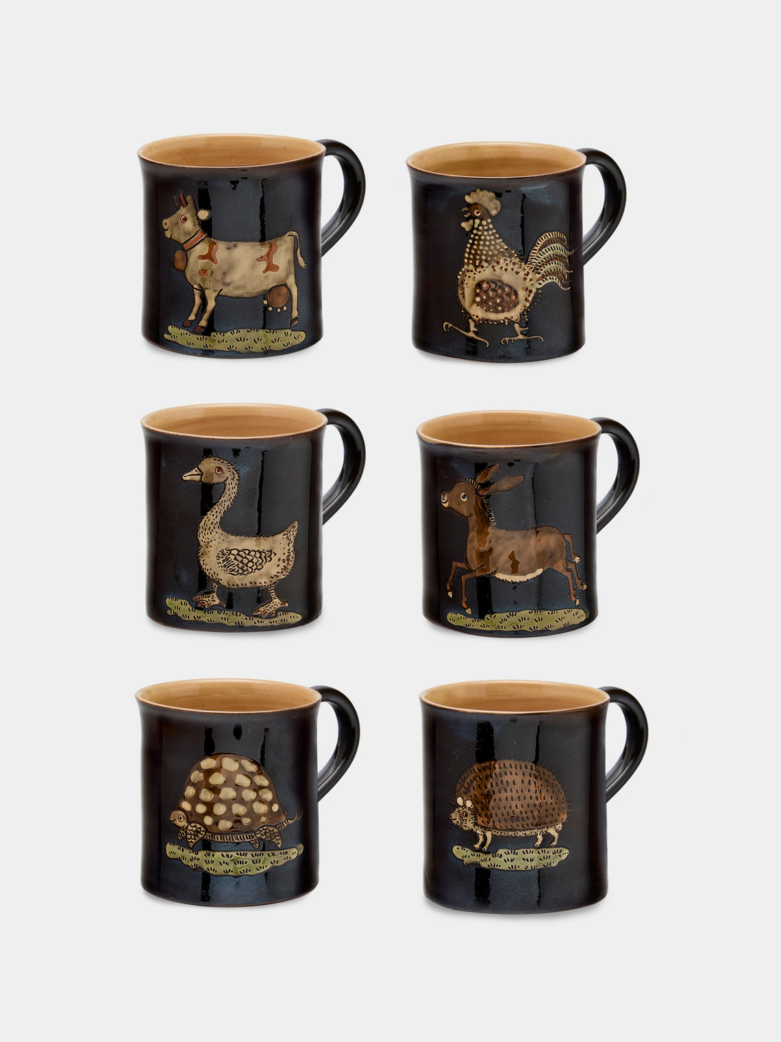 Poterie d’Évires - Animals Hand-Painted Ceramic Mugs (Set of 6) - Dark brown - ABASK - 