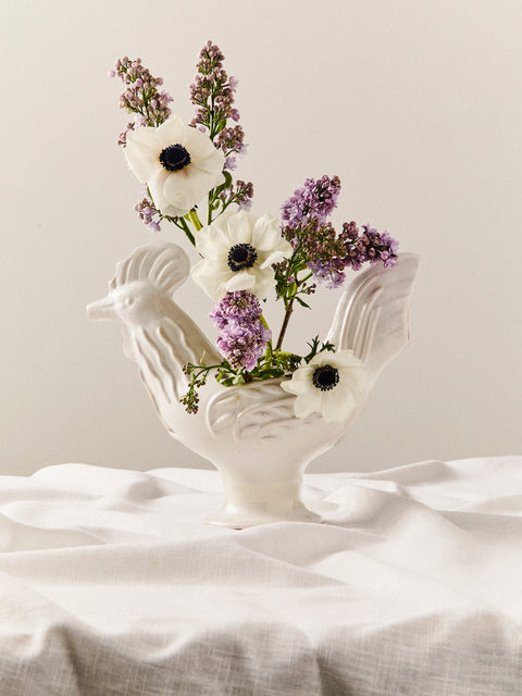 Antique and Vintage - 1940s Émile Tessier Ceramic Cockerel Tulipiere (12in/30cm) - White - ABASK