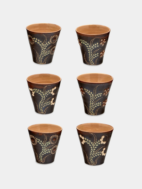 Poterie d’Évires - Flowers Hand-Painted Ceramic Coffee Cups (Set of 6) - Dark brown - ABASK - 