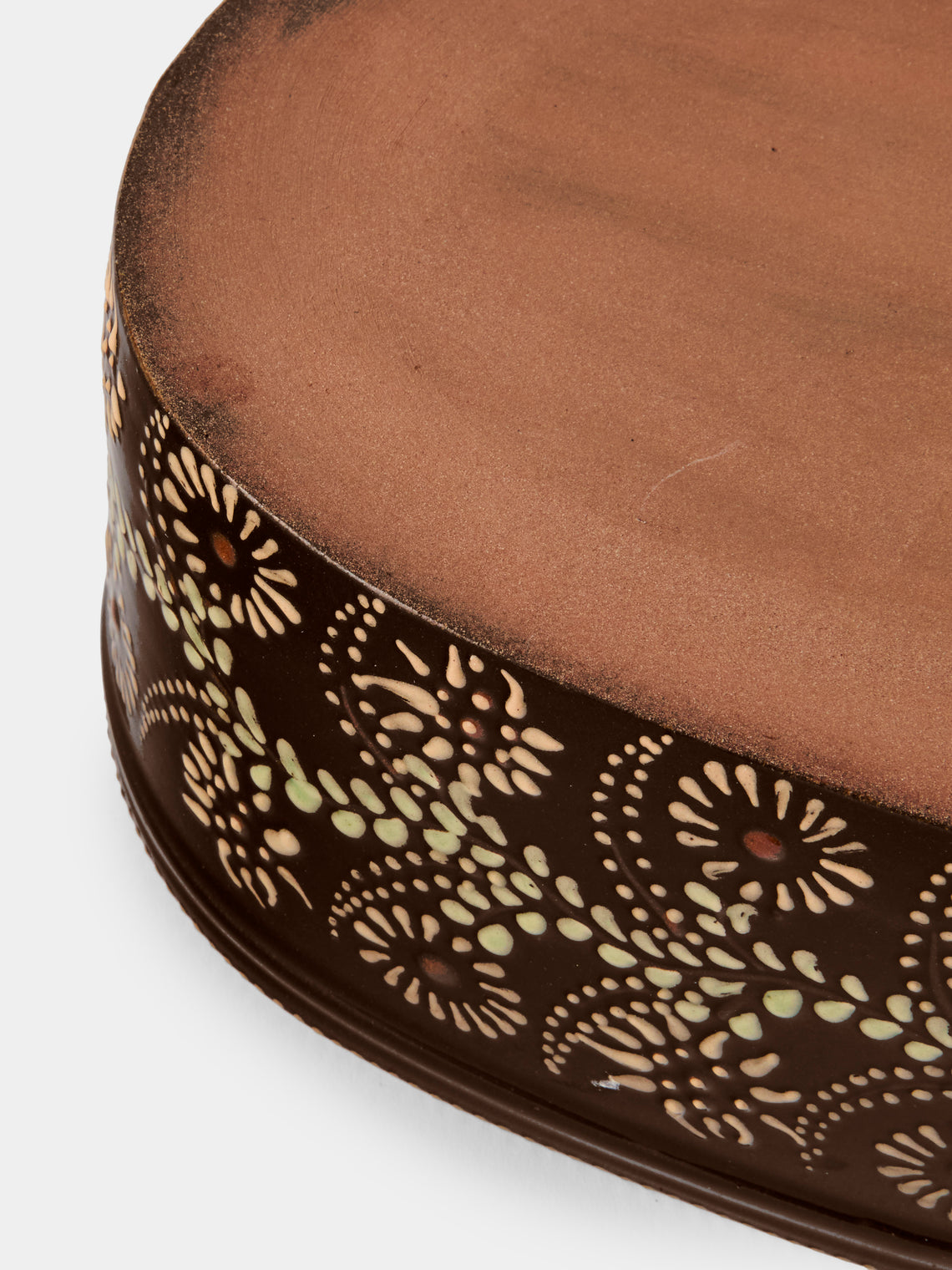 Poterie d’Évires - Flowers Hand-Painted Ceramic Oval Dish - Dark Brown - ABASK