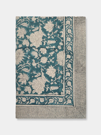 Chamois - Indian Rose Block-Printed Linen Large Rectangular Tablecloth - Blue - ABASK - 