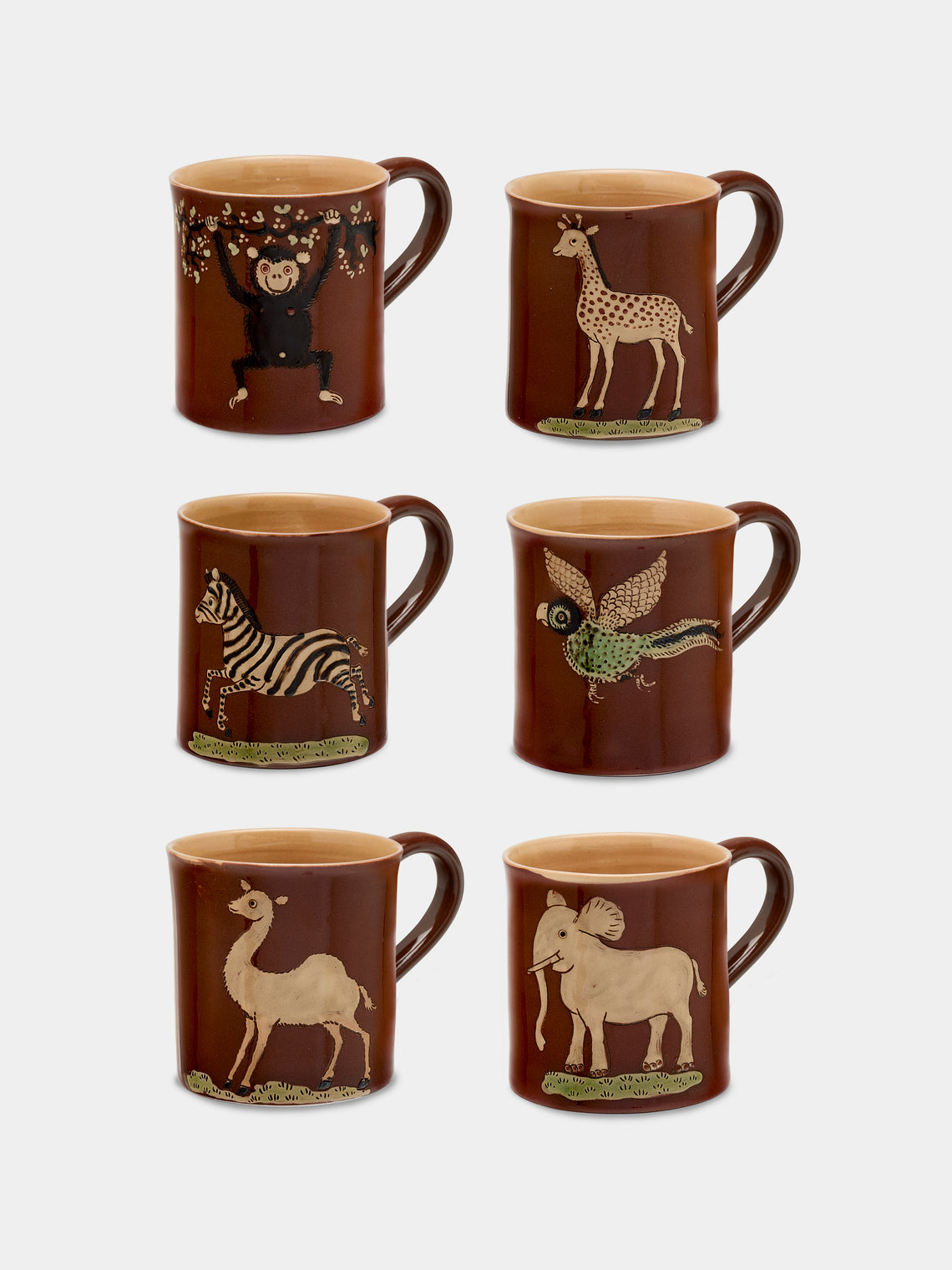 Poterie d’Évires - Animals Hand-Painted Ceramic Mugs (Set of 6) - Dark brown - ABASK - 