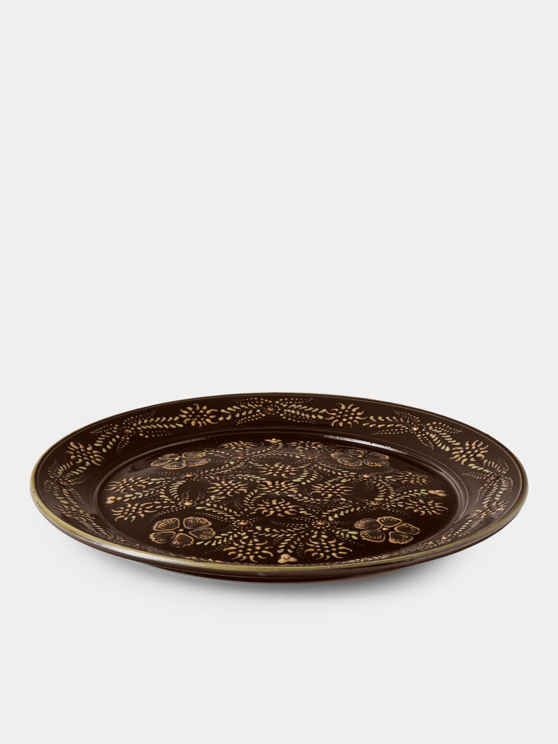 Poterie d’Évires - Flowers Hand-Painted Ceramic Round Platter - Dark Brown - ABASK