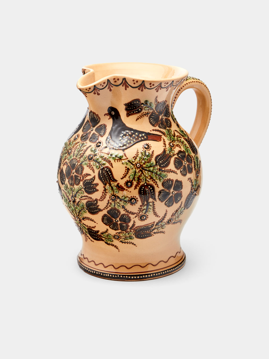 Poterie d’Évires - Birds Hand-Painted Ceramic Large Round Jug - Cream - ABASK - 