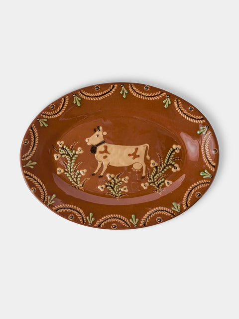Poterie d’Évires - Cows Hand-Painted Ceramic Oval Platter - Light Brown - ABASK - 