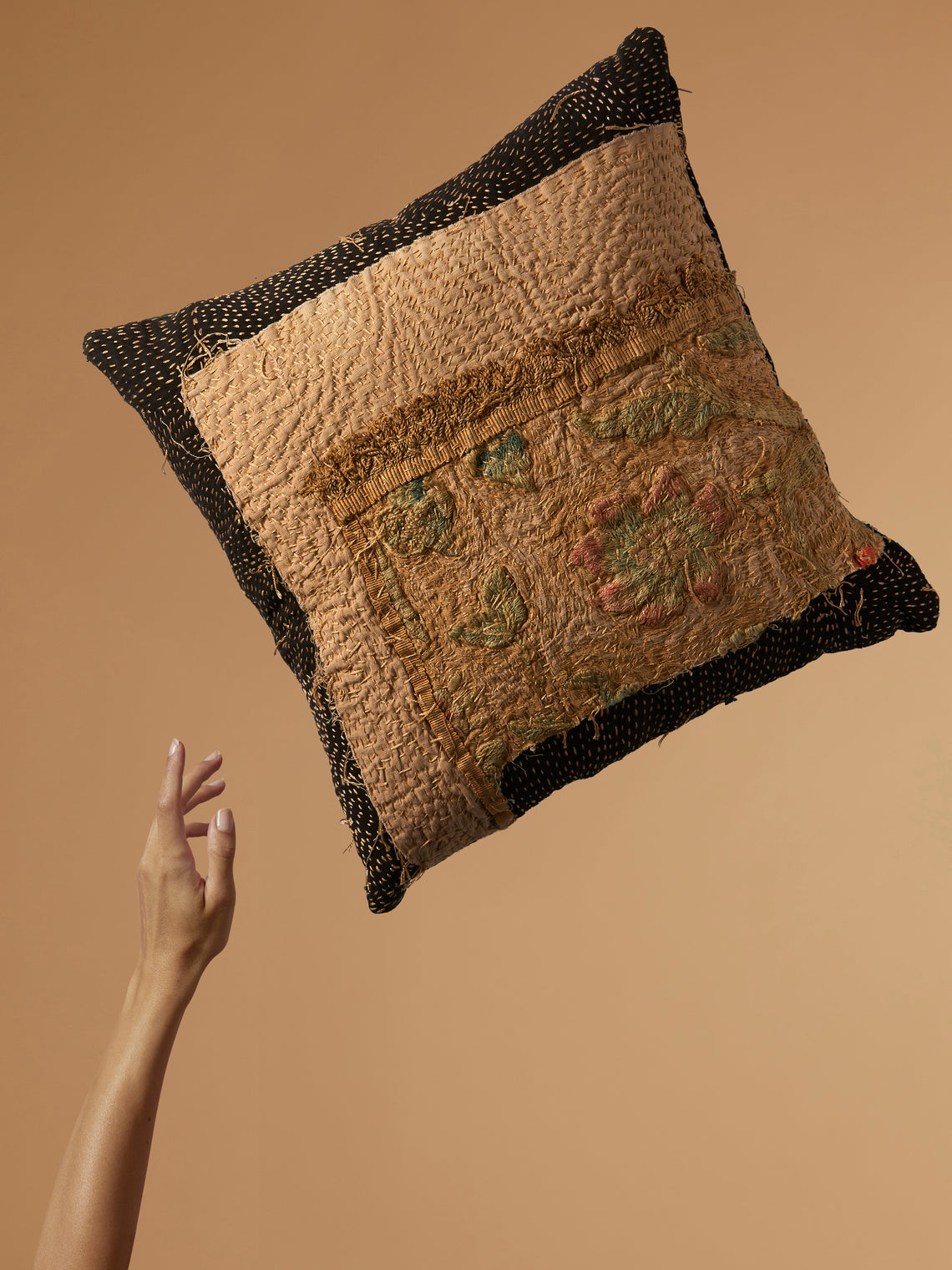 By Walid - 18th-Century English Embroidered Patchwork Wool and Cotton Cushion - Multiple - ABASK