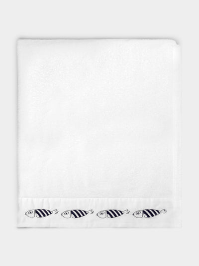 Loretta Caponi - Striped Fish Hand-Embroidered Cotton Bath Sheet -  - ABASK - 