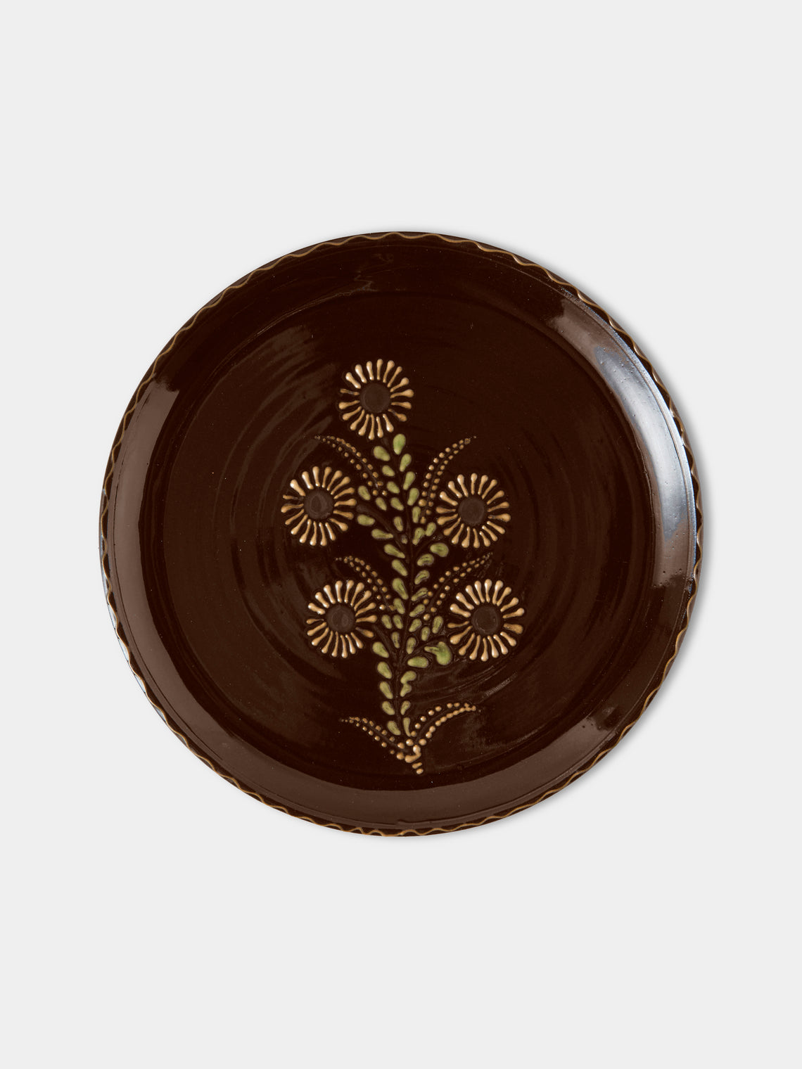 Poterie d’Évires - Flowers Hand-Painted Ceramic Dinner Plates – 9.5in/24cm (Set of 4) - Dark Brown - ABASK
