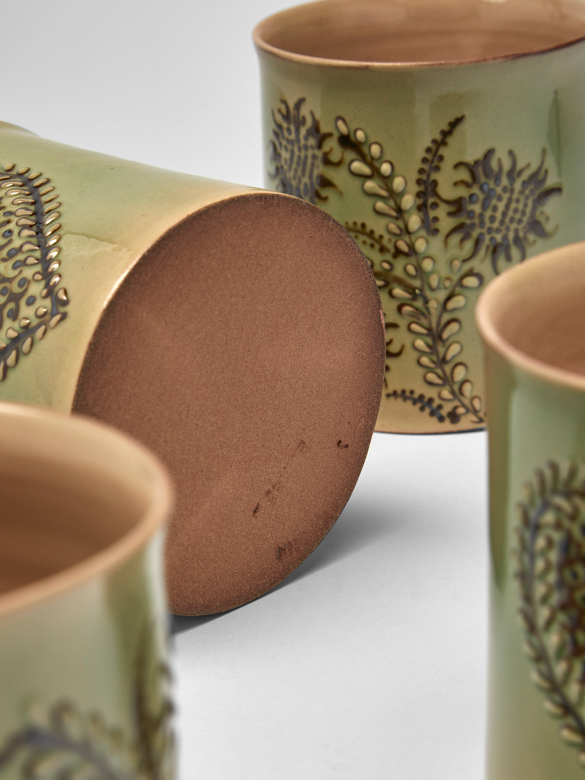 Poterie d’Évires - Flowers and Hearts Hand-Painted Ceramic Mugs (Set of 4) - Green - ABASK