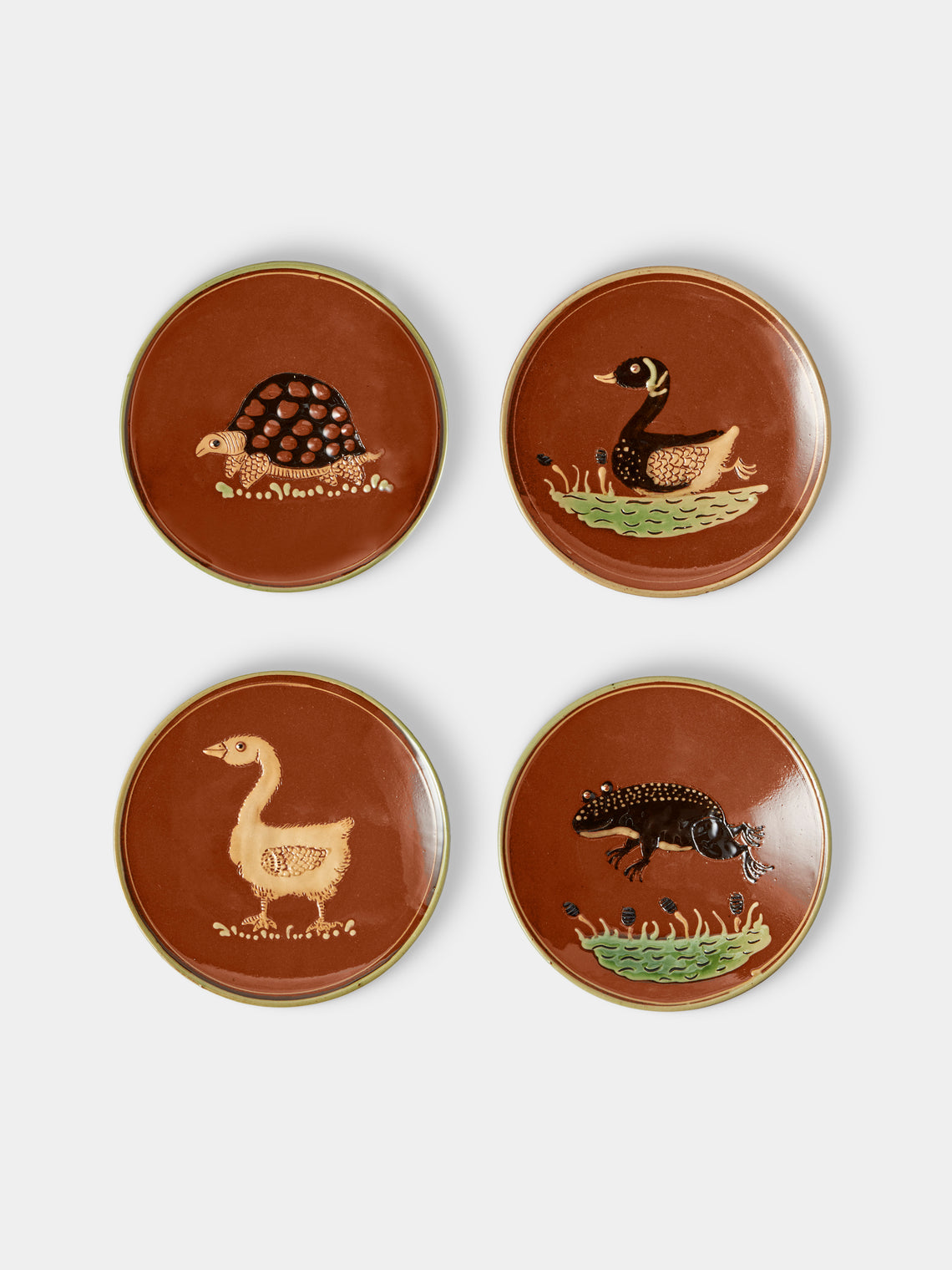 Poterie d’Évires - Animals Hand-Painted Ceramic Plates – 5.5in/14cm (Set of 4) - Light Brown - ABASK - 