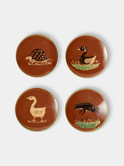 Poterie d’Évires - Animals Hand-Painted Ceramic Plates – 5.5in/14cm (Set of 4) - Light Brown - ABASK - 