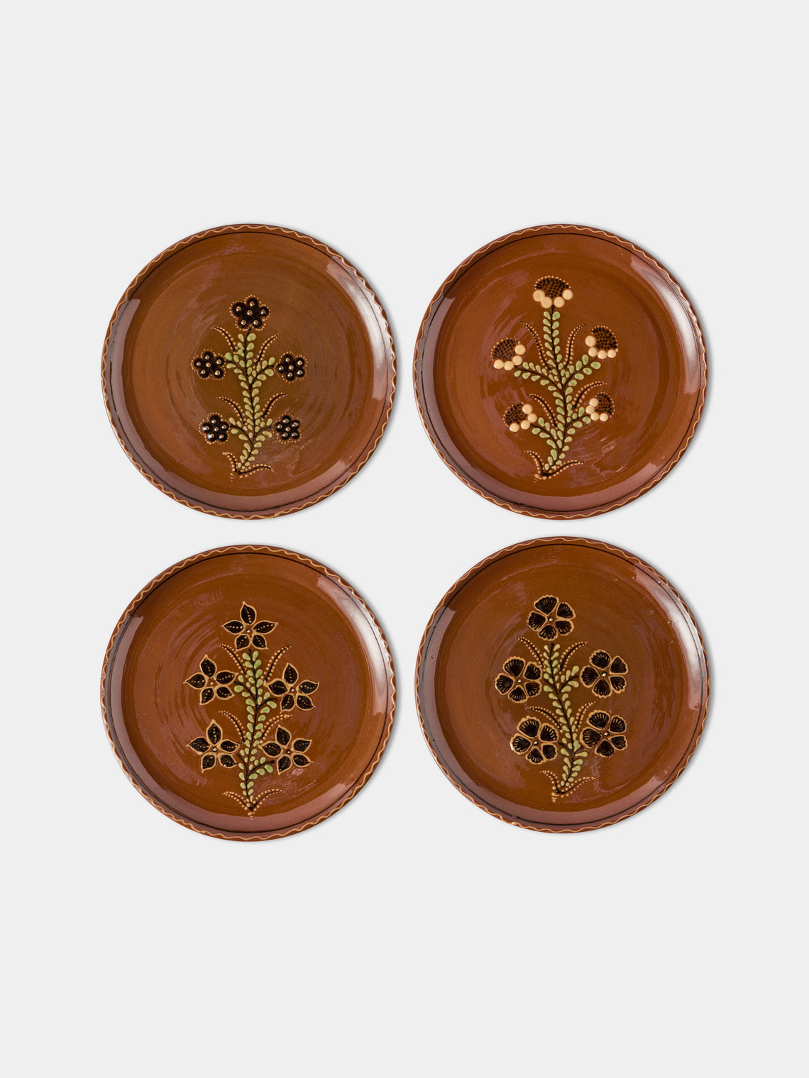 Poterie d’Évires - Flowers Hand-Painted Ceramic Dinner Plates – 9.5in/24cm (Set of 4) - Light Brown - ABASK - 