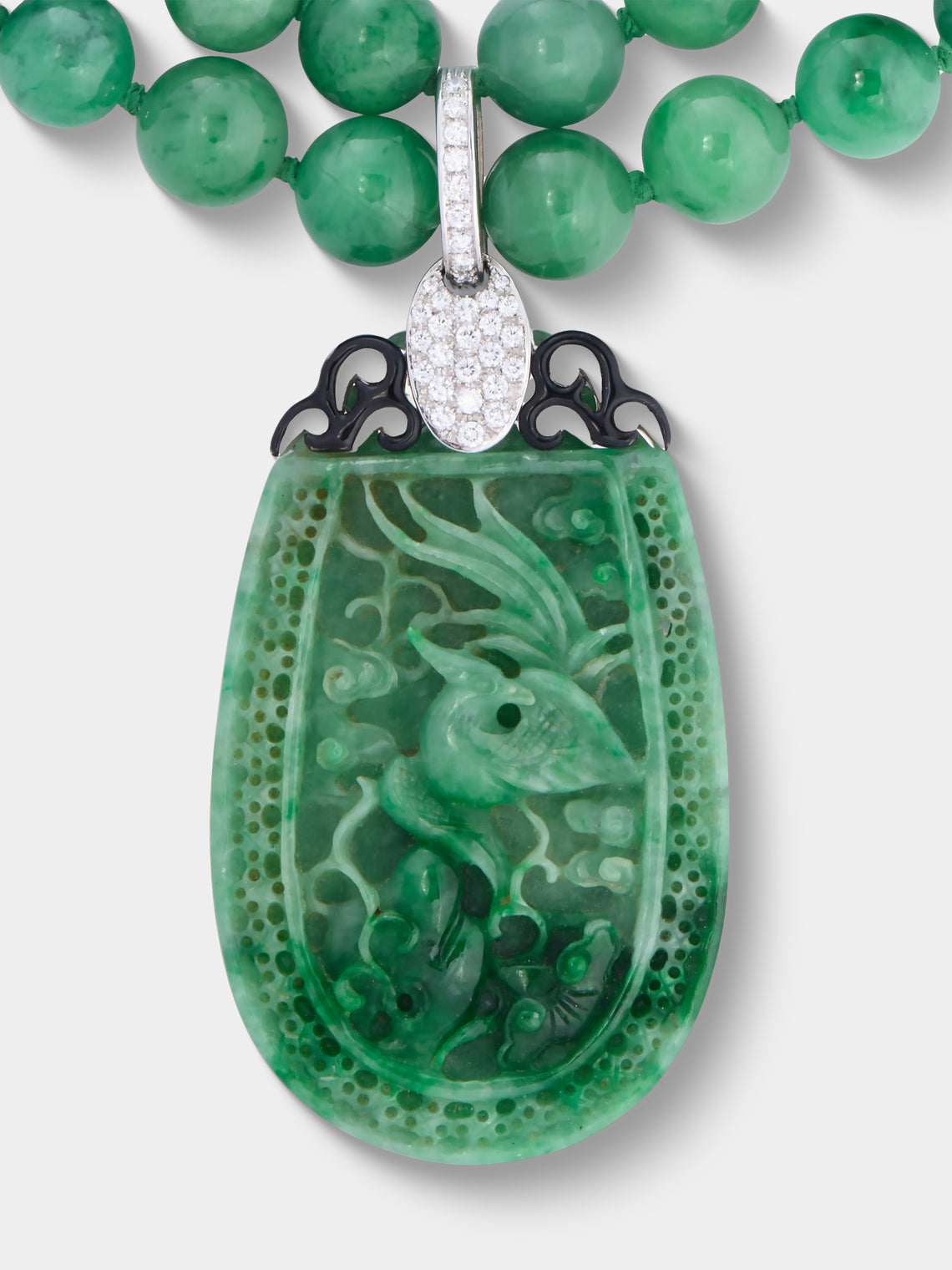 Mahnaz Collection - Vintage 1960s-1980s Nardi 18-Karat White Gold, Black Diamond, Jade and Enamel Necklace - Green - ABASK