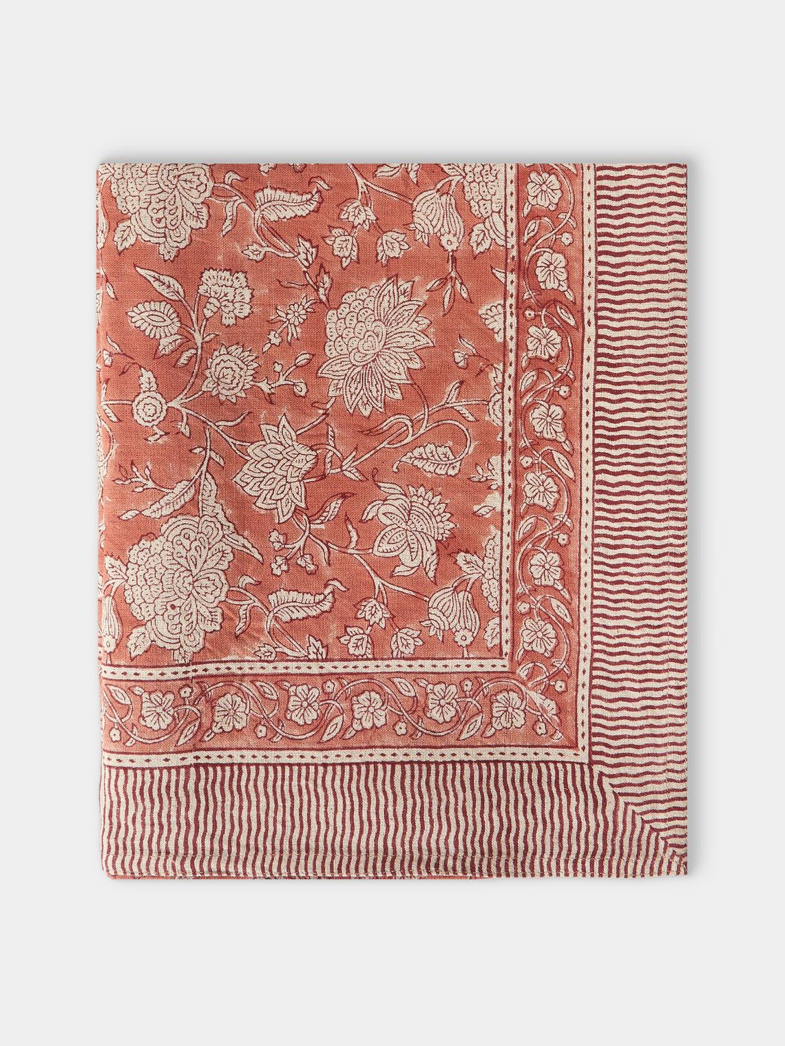 Chamois - Indian Rose Block-Printed Linen Rectangular Tablecloth (90.5in/2.3m) - Red - ABASK - 