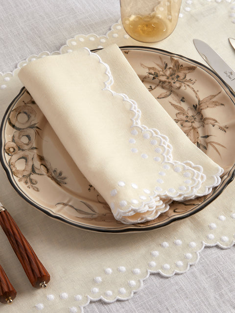 Los Encajeros - Bodoques Embroidered Linen Napkins (Set of 4) - Ivory - ABASK