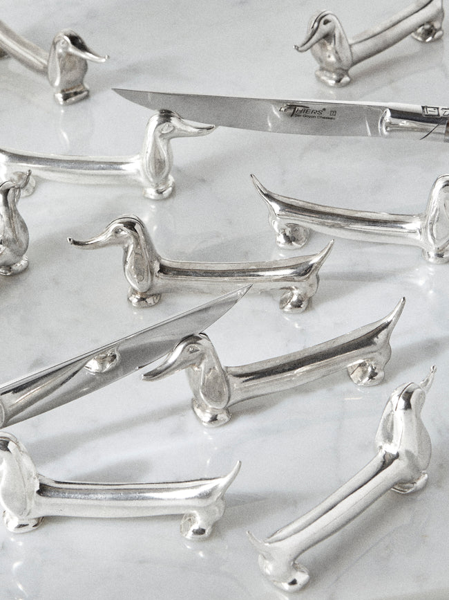 Antique and Vintage - Mid Century Silver Plated Dachshund Knife Rests (Set of 14) - Silver - ABASK