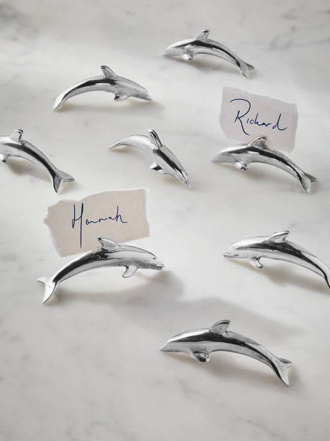 Antique and Vintage - Mid-Century Silver-Plated Dolphin Place Card Holders (Set of 8) - Silver - ABASK