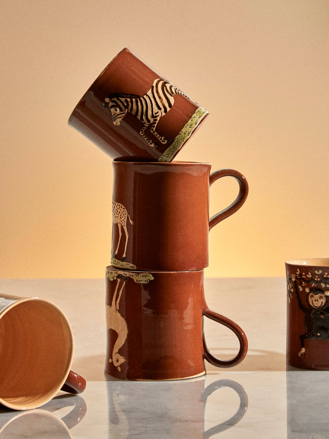 Poterie d’Évires - Animals Hand-Painted Ceramic Mugs (Set of 6) - Dark brown - ABASK