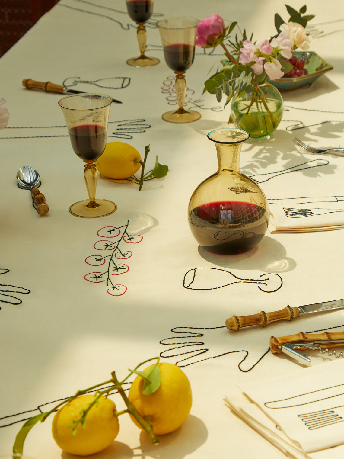 Oeuvres Sensibles - 'A Lot of Hands' Hand-Embroidered Linen Rectangular Tablecloth -  - ABASK