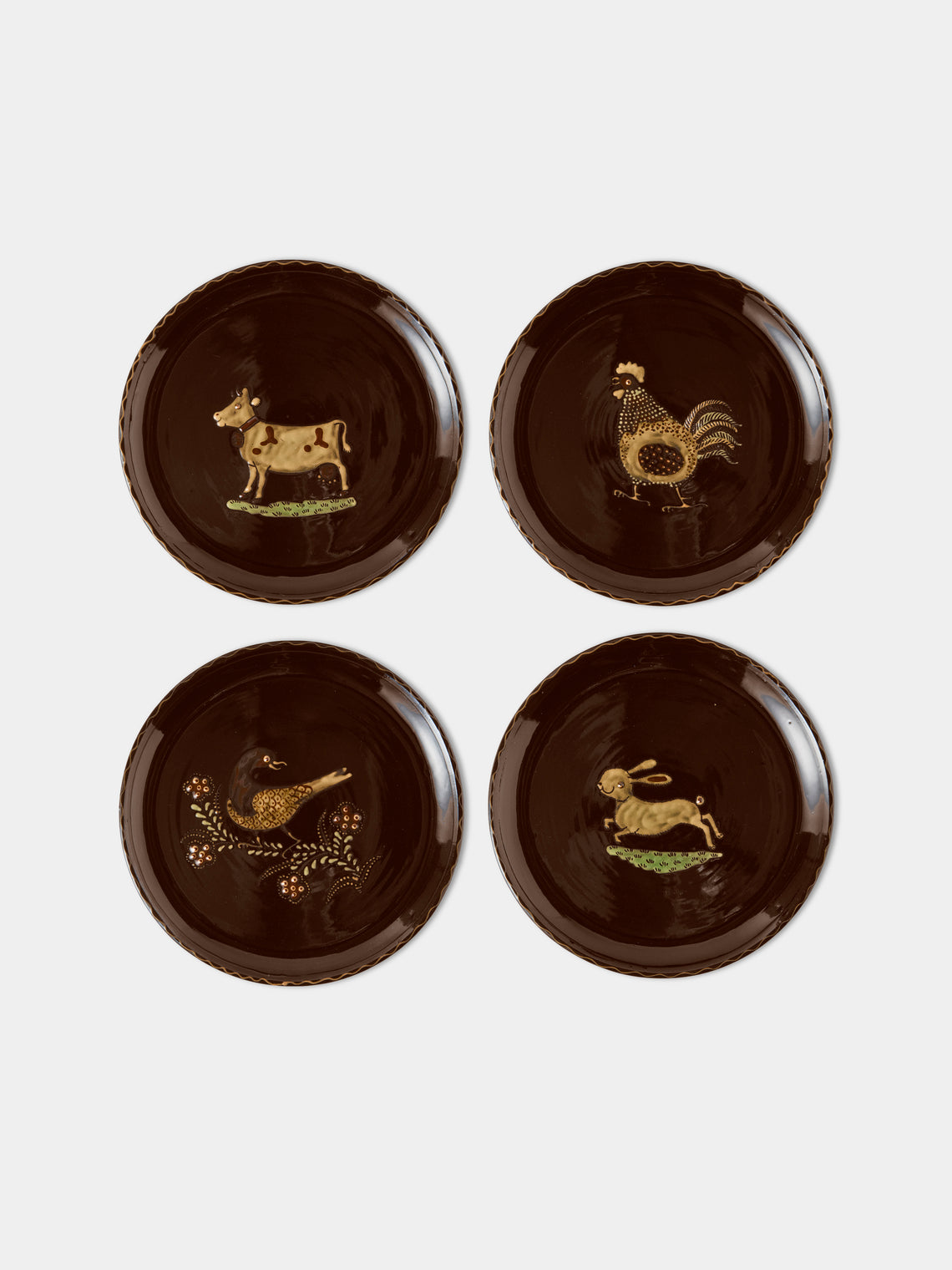 Poterie d’Évires - Animals Hand-Painted Ceramic Dinner Plates – 9.5in/24cm (Set of 4) - Dark Brown - ABASK - 