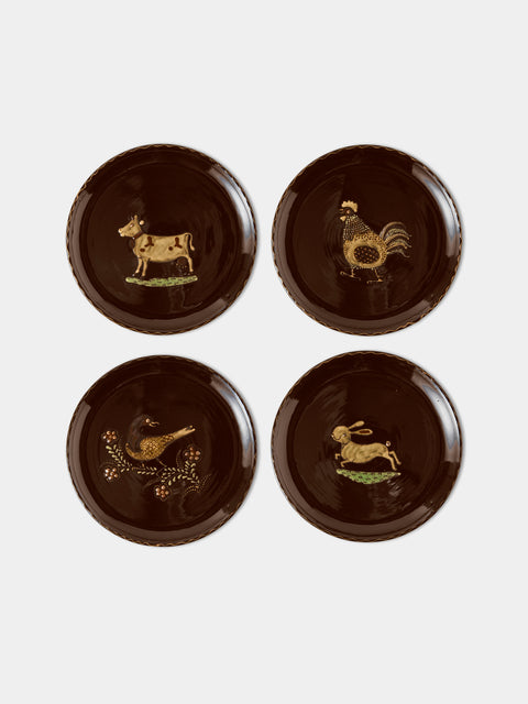 Poterie d’Évires - Animals Hand-Painted Ceramic Dinner Plates – 9.5in/24cm (Set of 4) - Dark Brown - ABASK - 