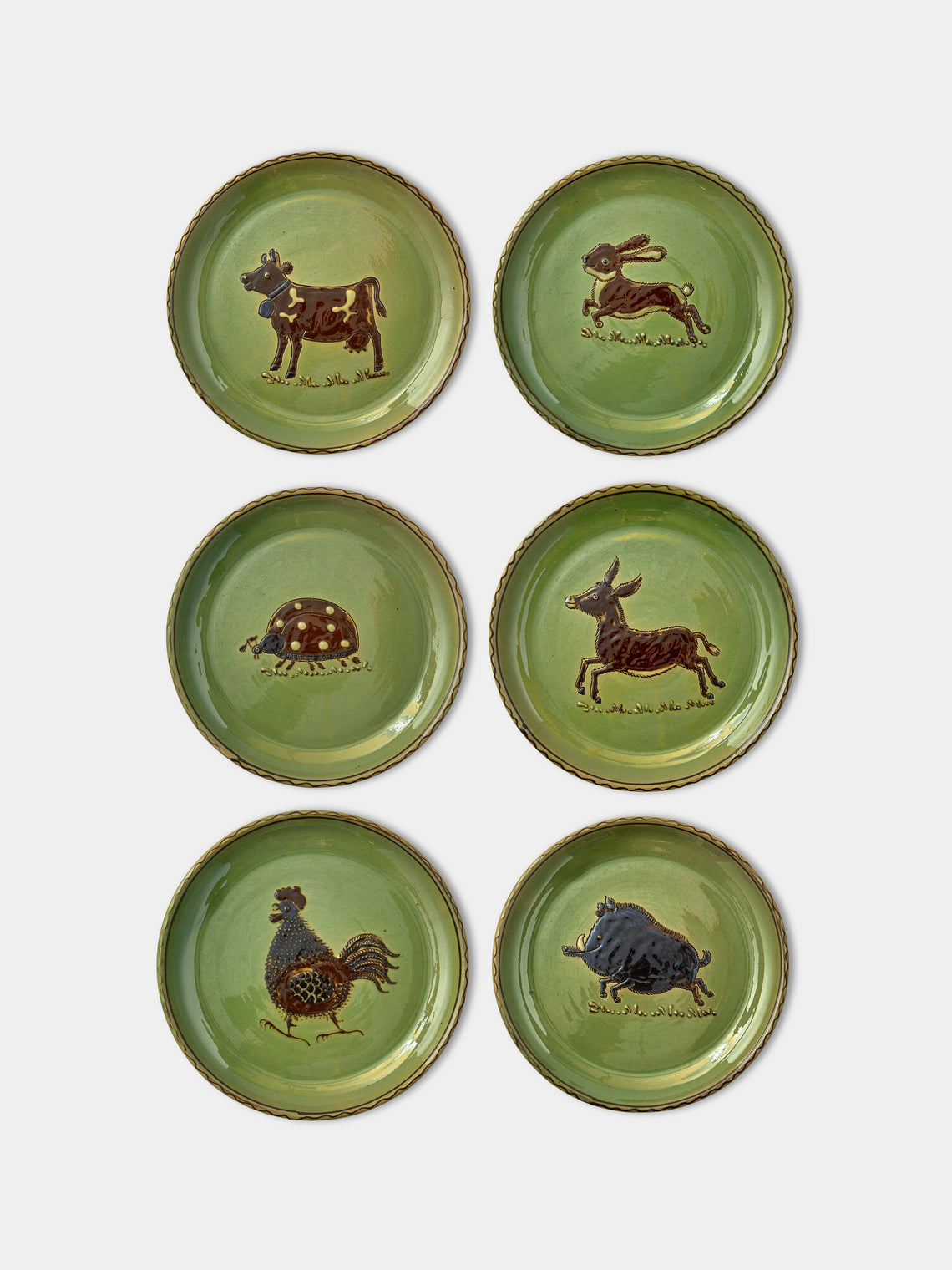 Poterie d’Évires - Animals Hand-Painted Ceramic Side Plates (Set of 6) - Green - ABASK - 