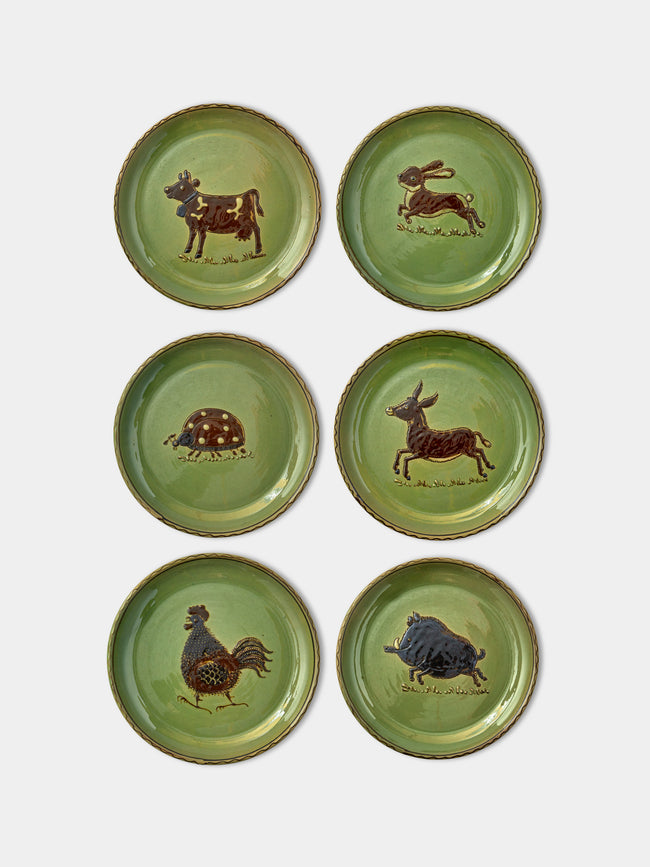 Poterie d’Évires - Animals Hand-Painted Ceramic Side Plates (Set of 6) - Green - ABASK - 