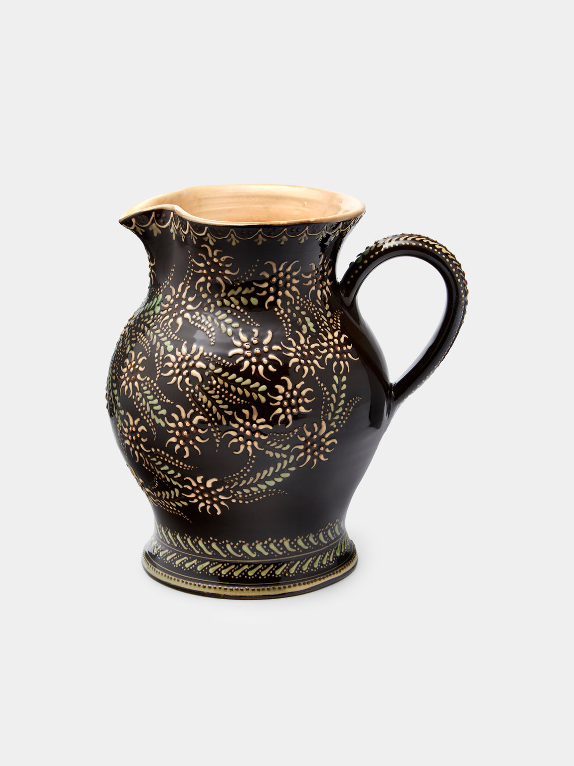 Poterie d’Évires - Flowers Hand-Painted Ceramic Large Round Jug - Dark brown - ABASK