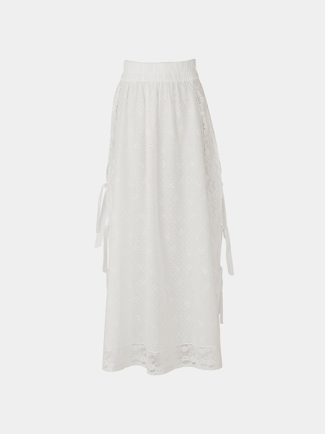 Loretta Caponi - Fiocchini Embroidered Cotton Long Skirt | Size: XS - White - ABASK - 