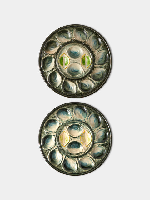 Antique and Vintage - Mid-Century Majolica Ceramic Oyster Plates (Set of 2) - Multiple - ABASK - 