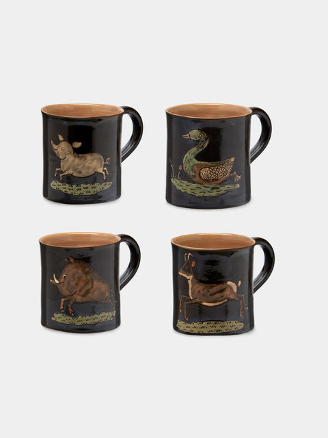 Poterie d’Évires - Animals Hand-Painted Ceramic Mugs (Set of 4) - Dark brown - ABASK - 