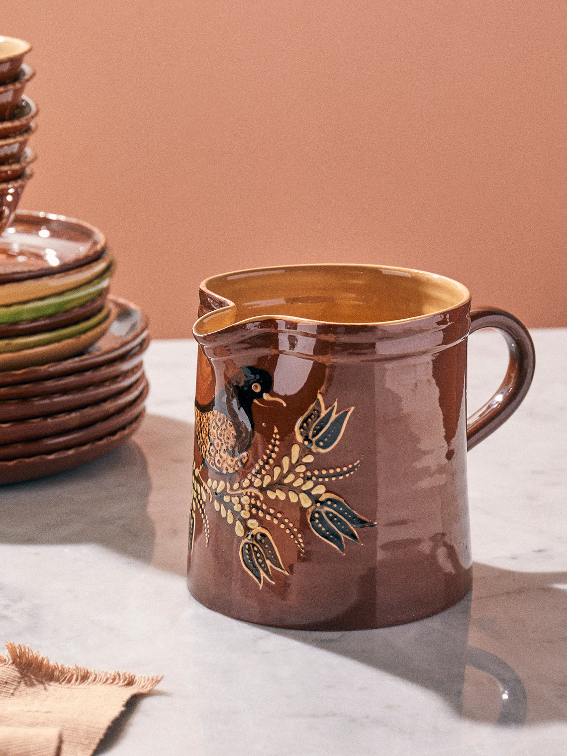Poterie d’Évires - Birds Hand-Painted Ceramic Straight-Edge Jug (34oz/1L) - Light brown - ABASK