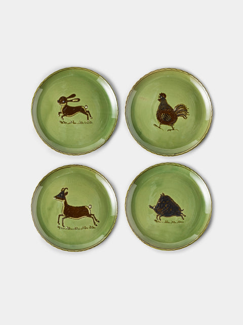 Poterie d’Évires - Animals Hand-Painted Ceramic Dinner Plates – 9.5in/24cm (Set of 4) - Green - ABASK - 