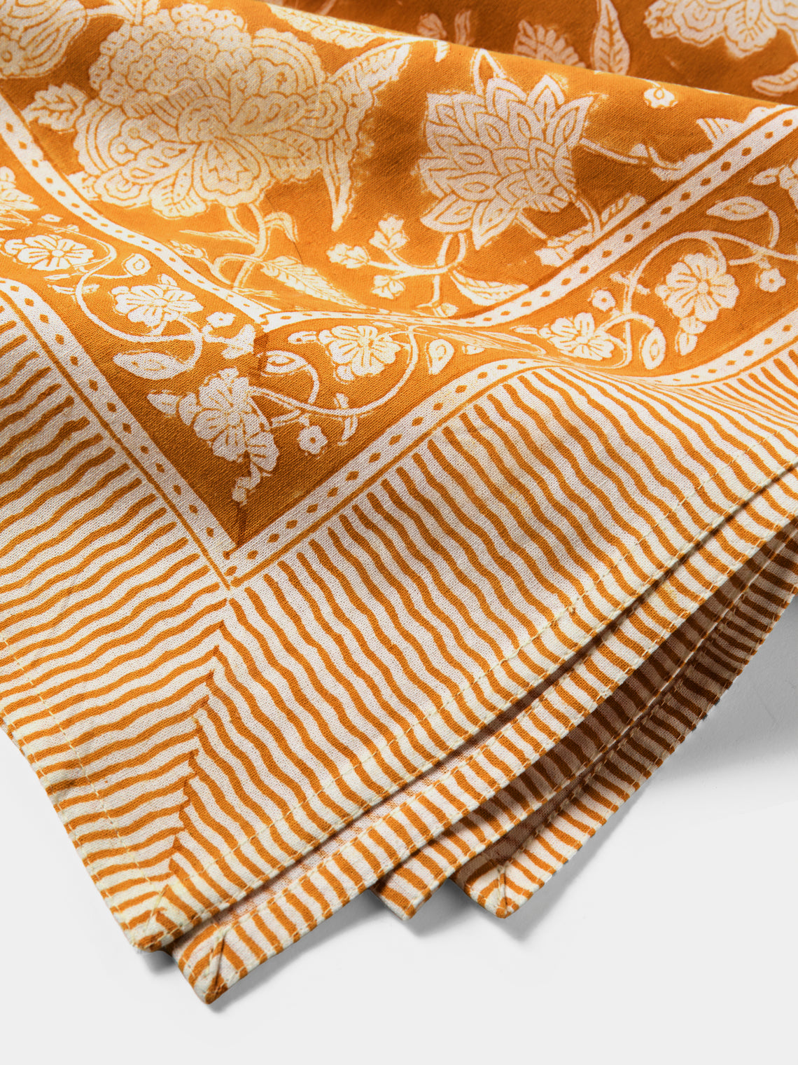 Chamois - Indian Rose Block-Printed Cotton Rectangular Tablecloth (106.5in/2.7m) - Orange - ABASK