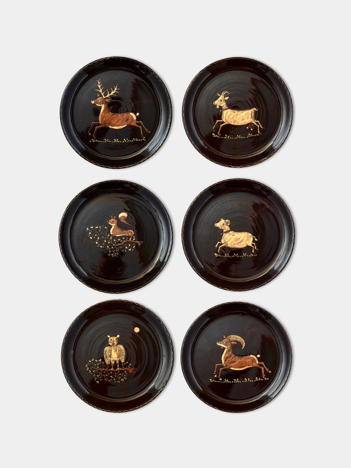 Poterie d’Évires - Animals Hand-Painted Ceramic Dinner Plates (Set of 6) - Dark brown - ABASK - 