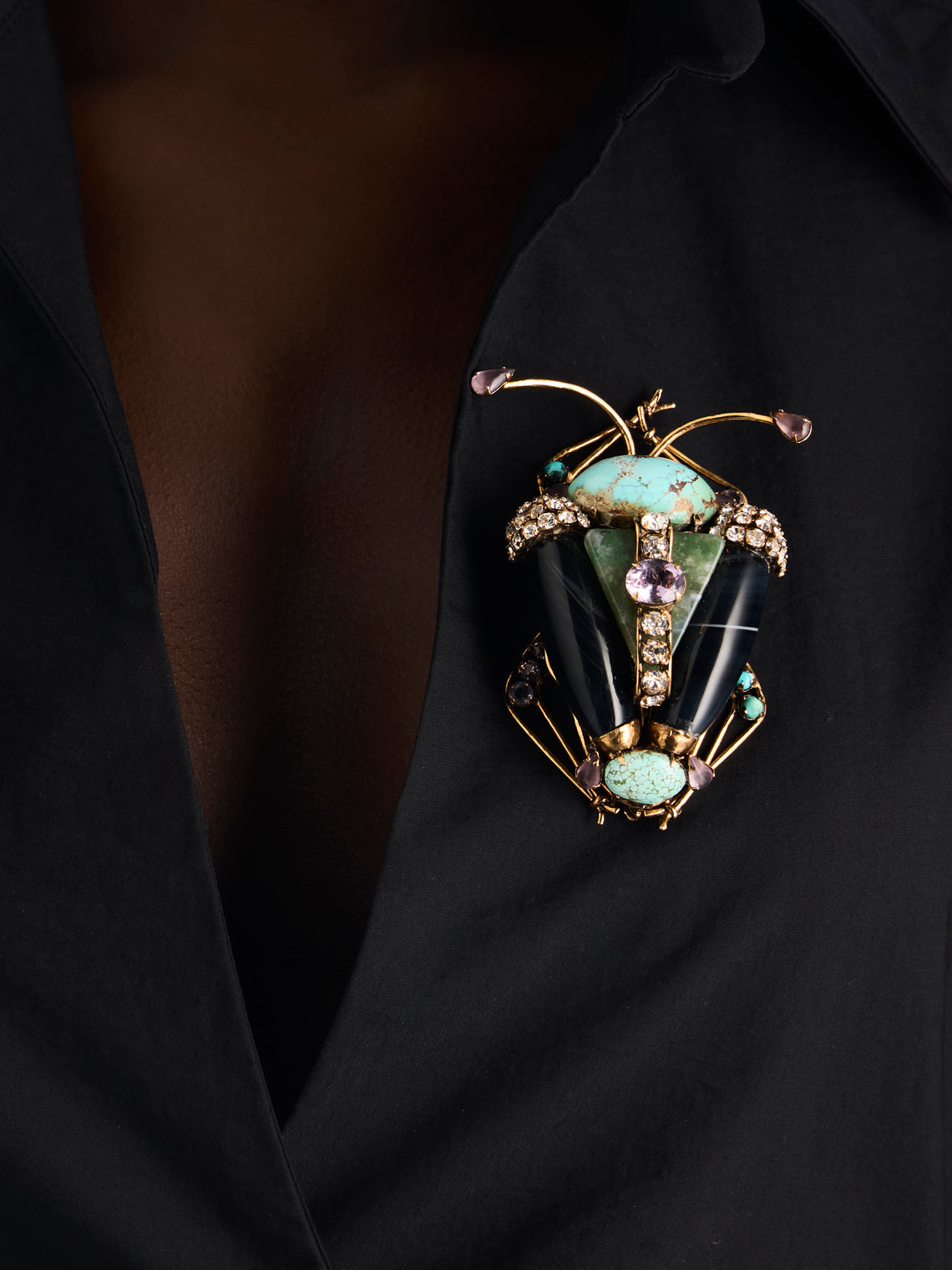 Mahnaz Collection - Vintage Iradj Moini Turquoise, Amethyst and Hard Stone Insect Brooch Pendant - Multiple - ABASK