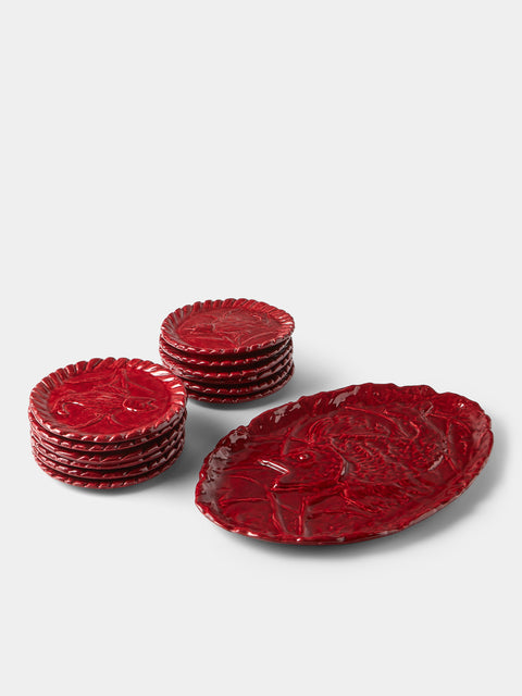 Antique and Vintage - 1950s Jerome Massier Ceramic Lobster Platter with Dinner Plates (Set of 12) - Red - ABASK - 