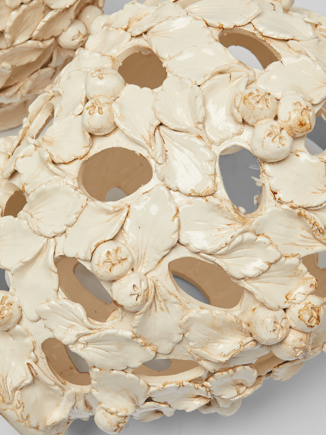 Antique and Vintage - 1940s Floral Relief Ceramic Vases (Set of 2) - Cream - ABASK