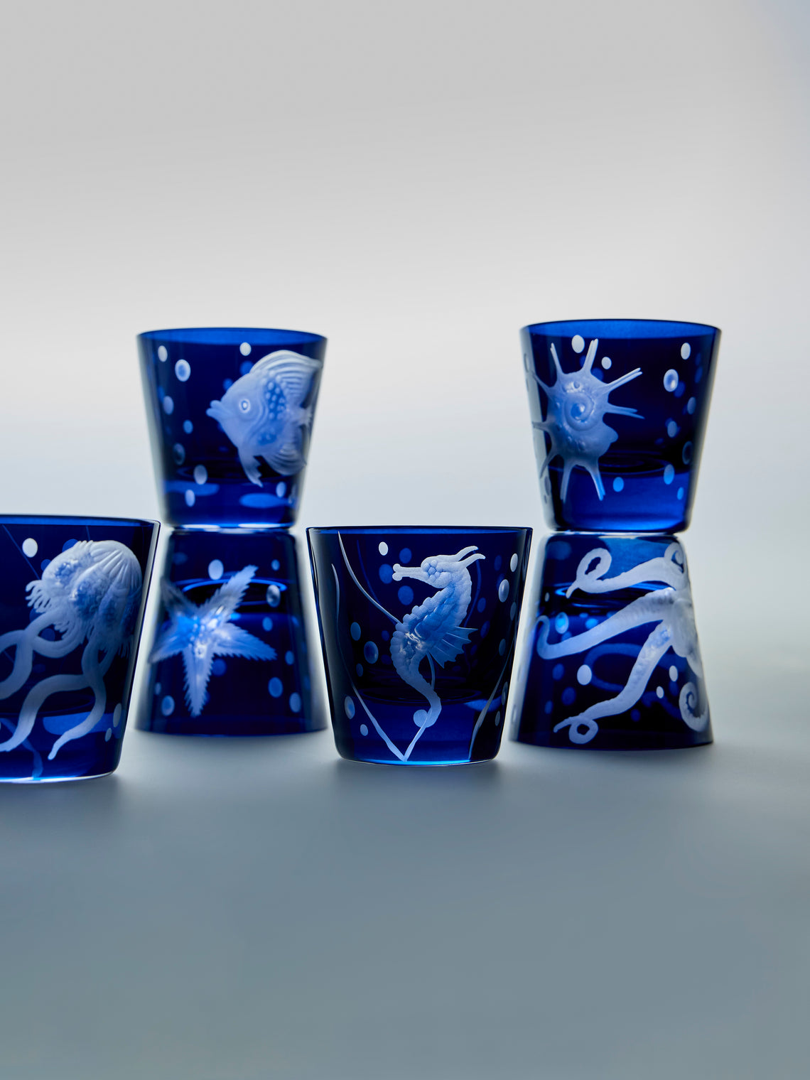 Artel - Sea Life Hand-Engraved Crystal Shot Glasses (Set of 6) - Blue - ABASK