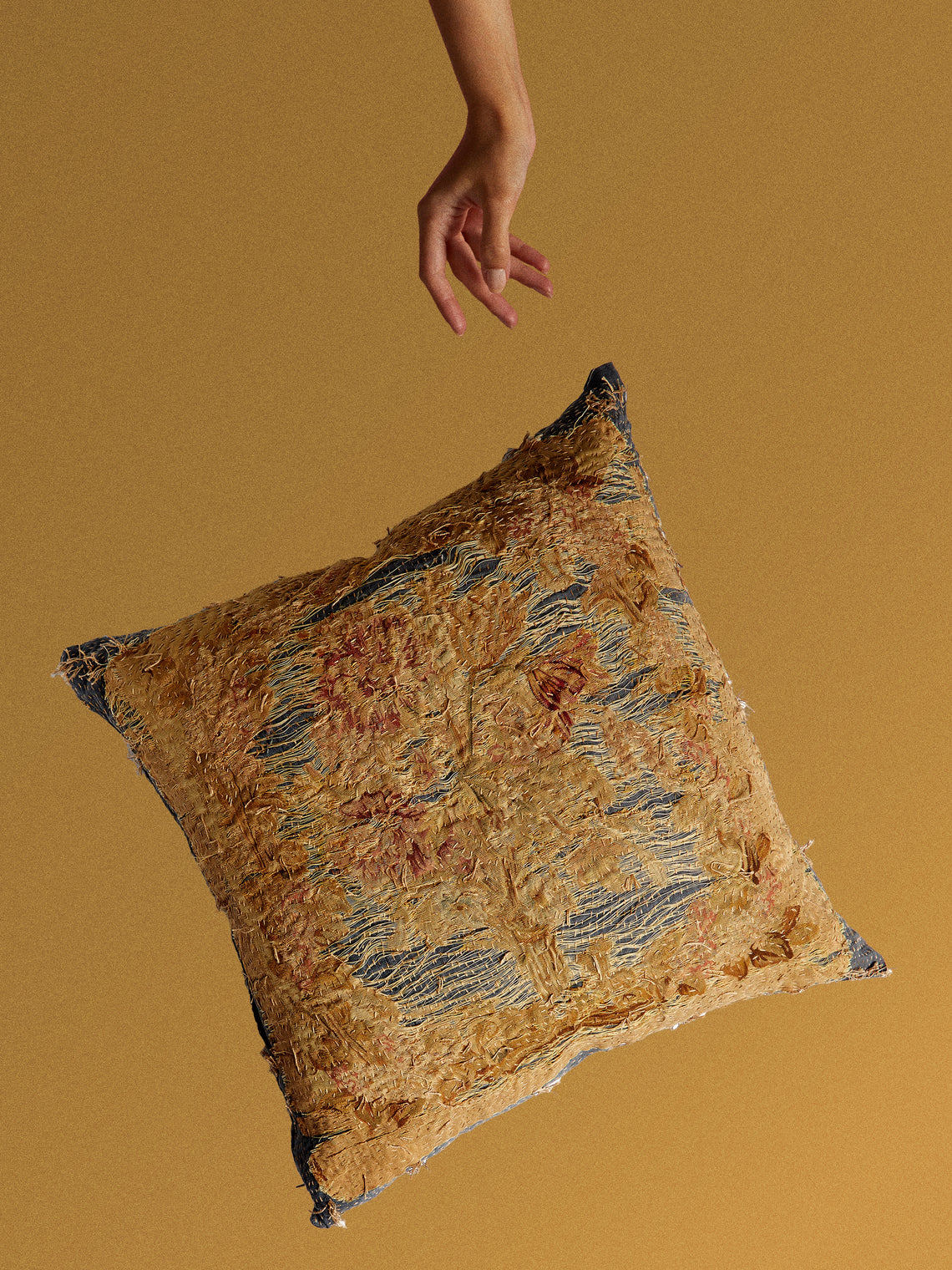By Walid - 18th-Century French Aubusson Tapestry and Linen Cushion (25.5in/65cm) - Yellow - ABASK