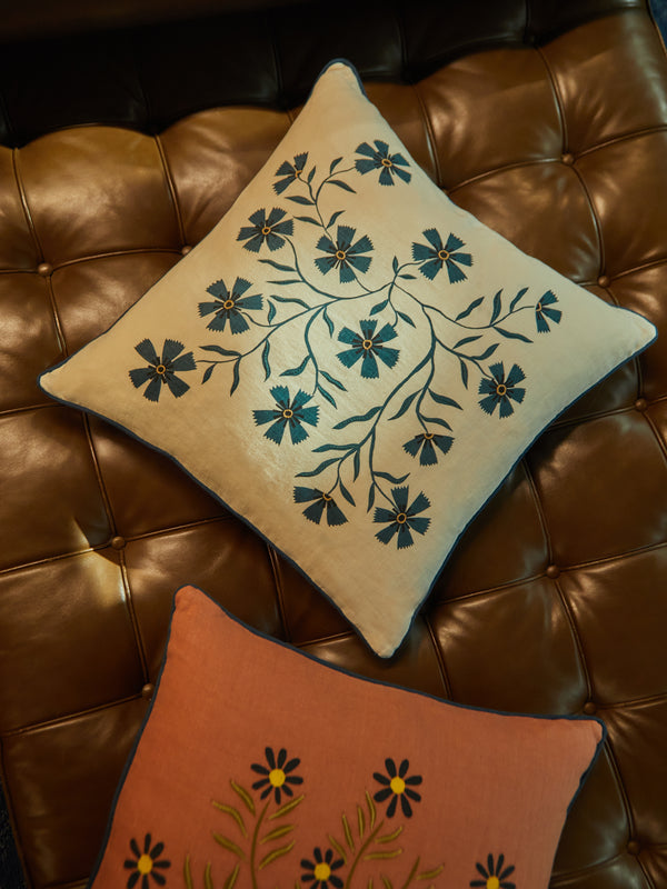 Rosemary Milner - Floral Hand-Embroidered Cotton Cushion -  - ABASK