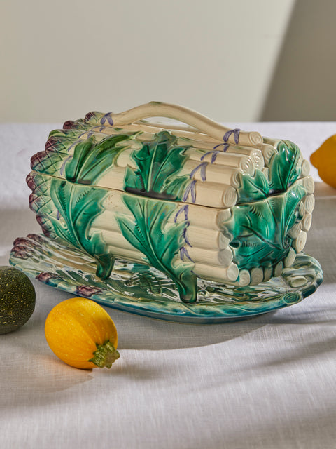 Antique and Vintage - 1900s Ceramic Asparagus Tureen - Green - ABASK