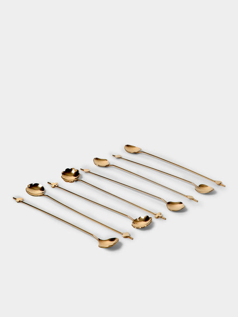 Antique and Vintage - | Set of 8 | Mid-Century Brass Cocktail Spoons - Gold - ABASK - 