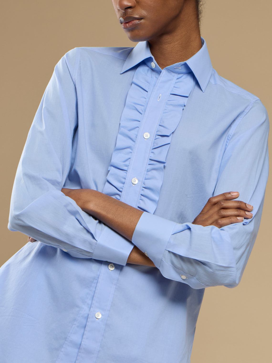 Sebline - Ruffle Cotton Shirt | Size: S - Light Blue - ABASK