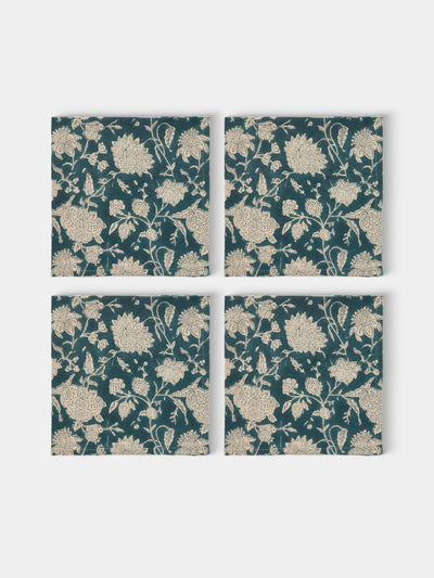 Chamois - Indian Rose Block-Printed Linen Napkins (Set of 4) - Blue - ABASK - 