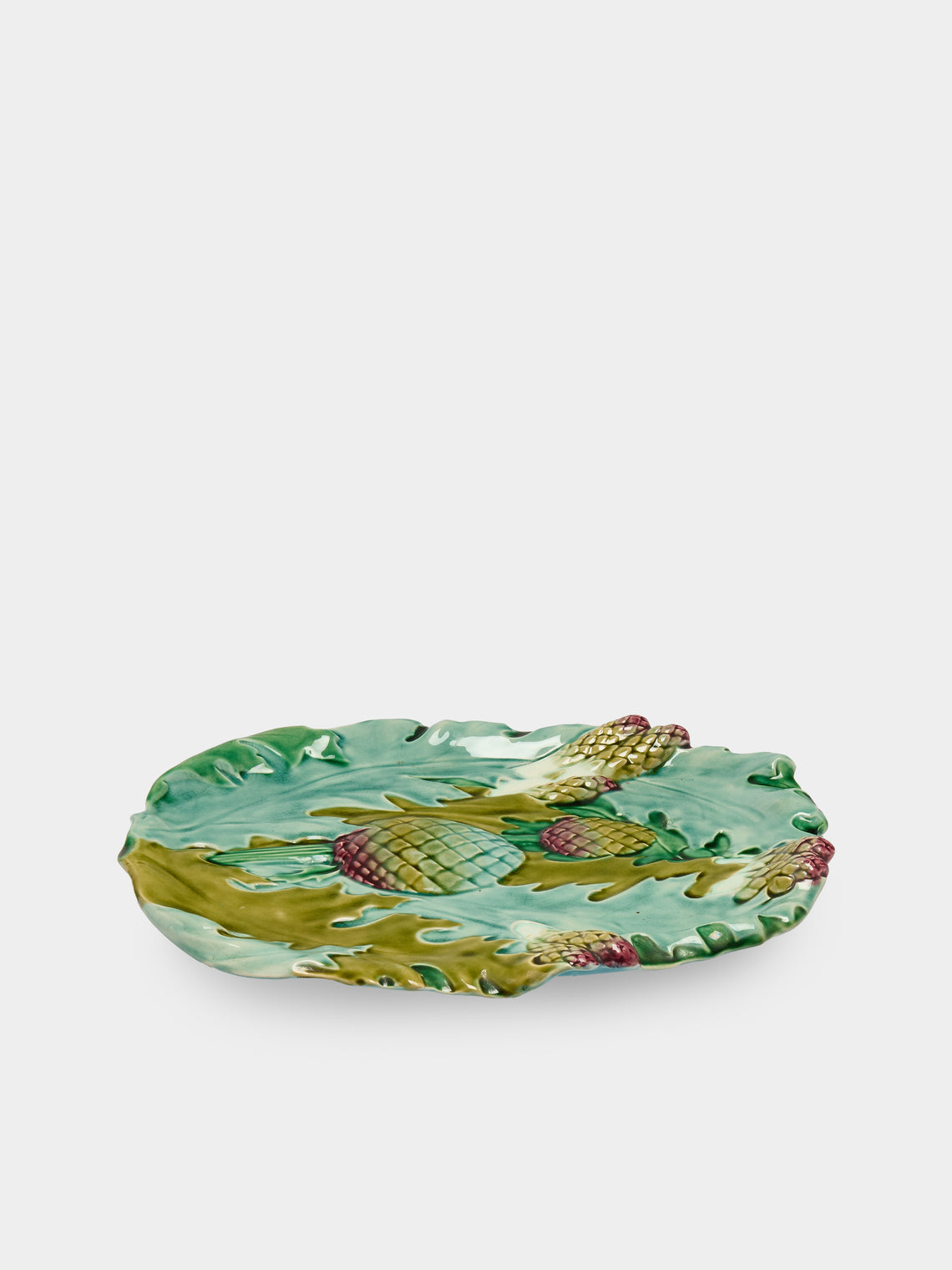 Antique and Vintage - Mid-Century Majolica Ceramic Asparagus Serving Plate (14.5in/37cm) - Light Blue - ABASK
