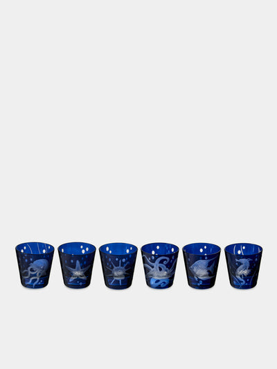 Artel - Sea Life Hand-Engraved Crystal Shot Glasses (Set of 6) - Blue - ABASK - 